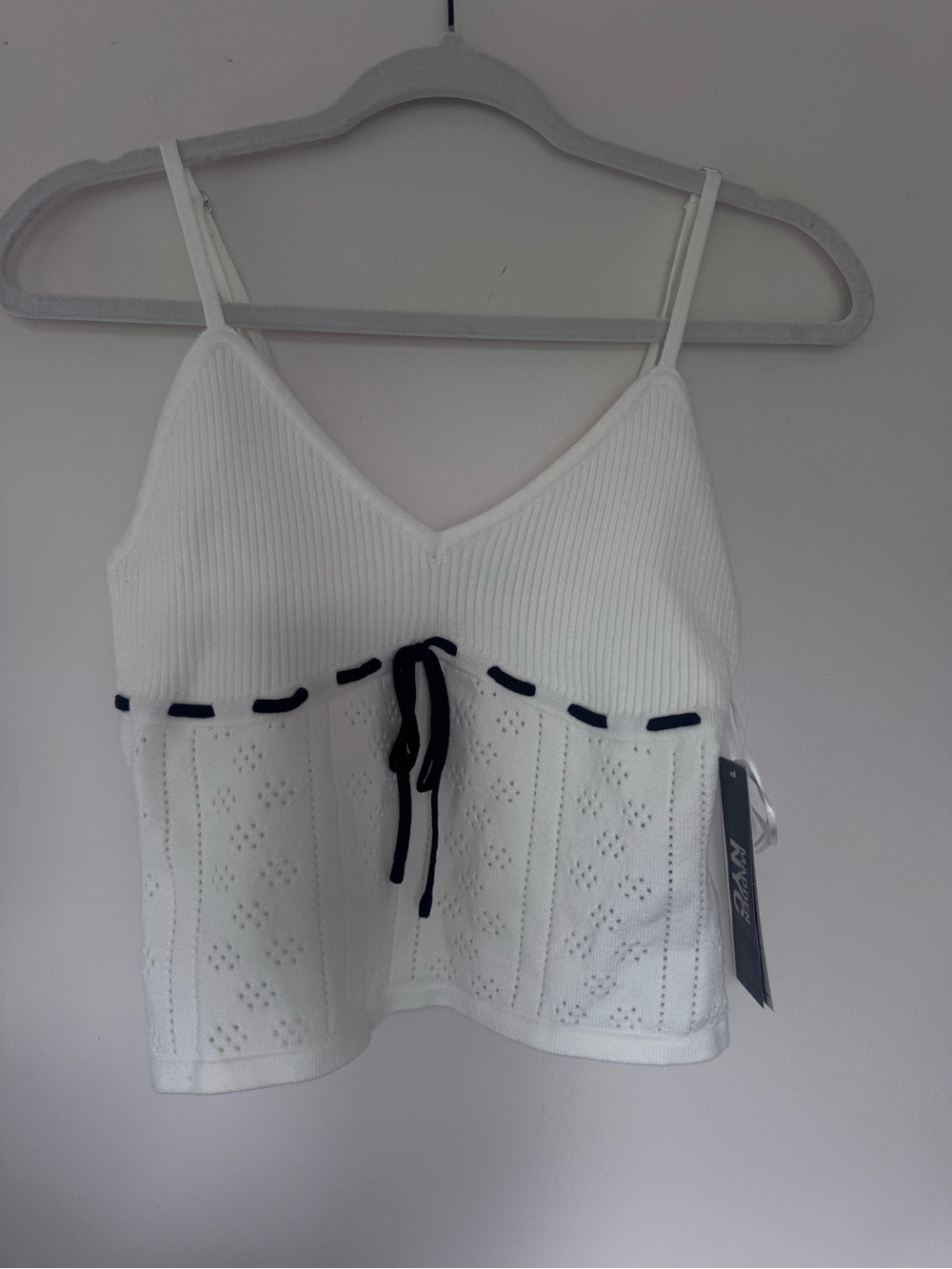 White Knit Eyelet Tank Top with Black Tie Accent